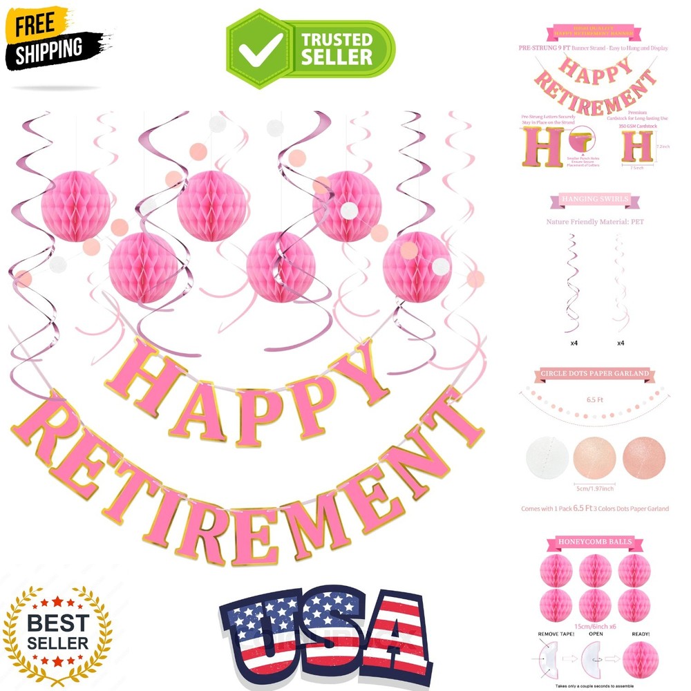 Retirement Party Decorations Kit for Women – 16-Piece Elegant Pink Set with P…