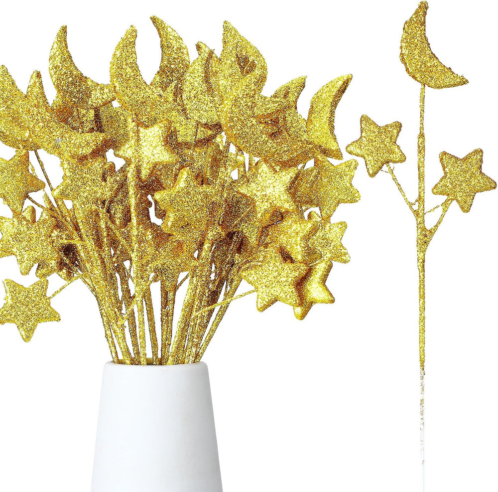 24 Pcs Moon Star Floral Picks Gold Moon Star Stem Vase Filler Baby