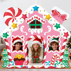 Life Size Pink Gingerbread House Christmas Decoration Holiday Backdrop for Indoo