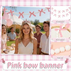 2Pcs Pink Bow Garland Felt Banner | Pink Bowknot Tie with White Pom Pom Balls…