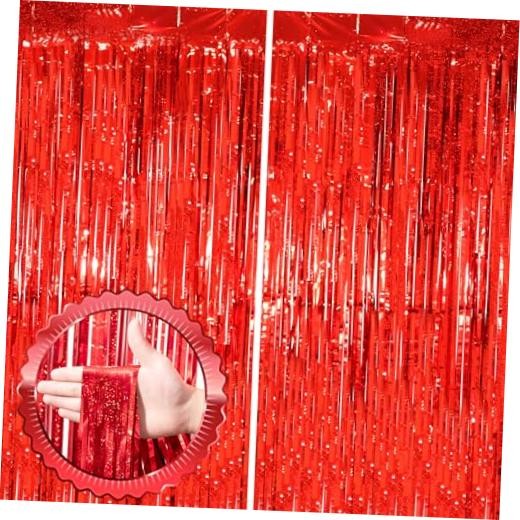 2 Pack Red Tinsel Foil Fringe Curtains, Red Party Decorations, Laser Red
