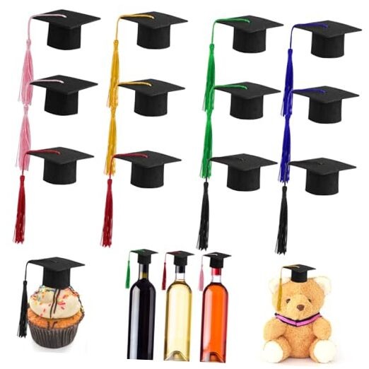 12Pack Mini Graduation Caps with tassels Grad Hat Cake Wine Bottle Multicolor