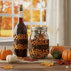 Thanksgiving Glitter Message Holiday Wraps Wine Bottle Jar Mug Candle Set of 2