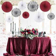 9 PCS Burgundy Crimson White Silver Paper Streamers Flower Fans Backdrop