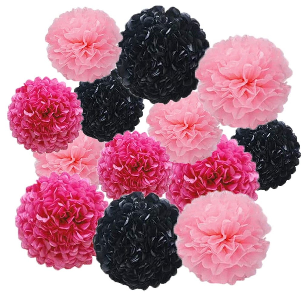 12 PCS Paper Pom Poms Decorations 10 Inch 12 Inch Rose Red Light Pink Black