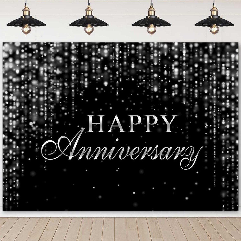 Happy Anniversary Backdrop Glitter Black Silver Cheers to Marriage