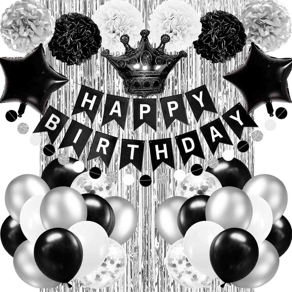Black and Silver Birthday Party Decorations for Men Women Boys Girls Happy Bi…