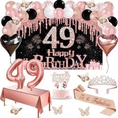 49th Birthday Decorations Set – 49pcs Black & Rose Gold Banner, Sash, Cake Toppe