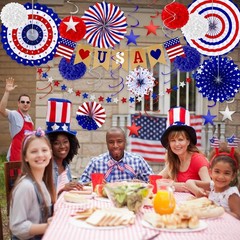 4th of July Decorations 26 PCS Red White Blue Paper Fans Banner Swirls