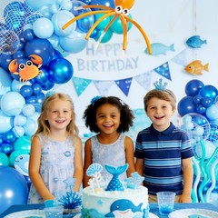 Under the Sea Balloon Arch Kit 130Pcs Dark Blue Metallic Blue Orange Long Bal…