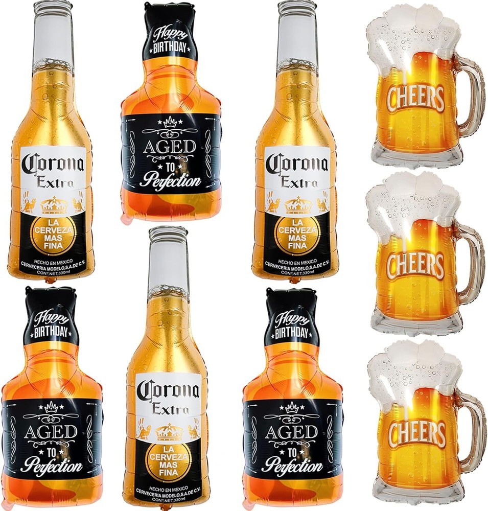9Pcs Corona Whisky Beer Mug Mylar Helium Balloons, Men Women Boys Girls Beer The