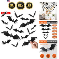 140Pcs Bats Halloween Decorations Party Supplies, Realistic PVC 3D Black Scar…