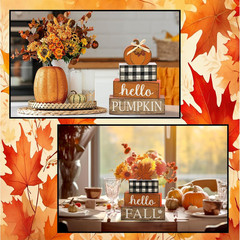 Hello Fall Decorations Maple Leaves Pumpkin Reversible Wooden Sign Tabletop 5Pcs