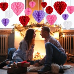 21Pcs Valentines Party Heart Decorations – Red Pink White Purple Paper Honeyc…