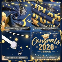 Blue Gold Graduation Banner Decorations Navy Blue Congrats 2026 Graduation Pa…