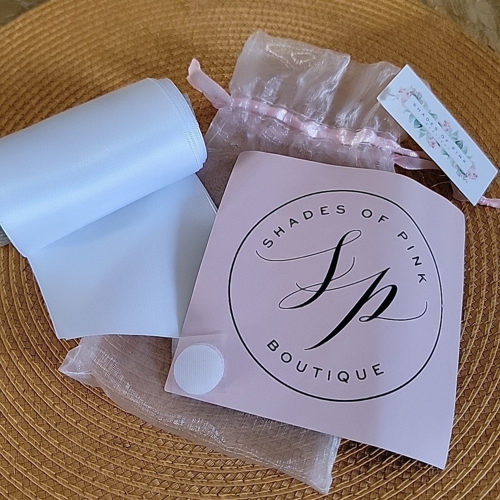 White Satin Sash w/ Fastener & Pink Gift Sachet Bridal Baby Shower Sweet Sixteen