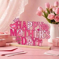 Metal Happy Mother’s Day Tabletop Sign Centerpiece Freestanding Wooden Base