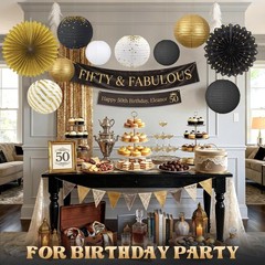 Black and Gold Party Decorations Set with Hanging Paper Lanterns Fans for Gra…