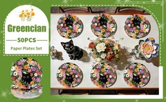 50 Pcs Spring Flower Cat Party Decorations 10″ Floral Cat Paper Plates