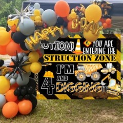 Construction 4th Birthday Banner Decorations for Boys, Dump Truck 4th Birthda