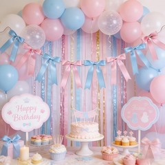 2 Strings 16pcs Pink Blue Bow Garland Banner, Pre-Strung Satin Ribbon Decorat…