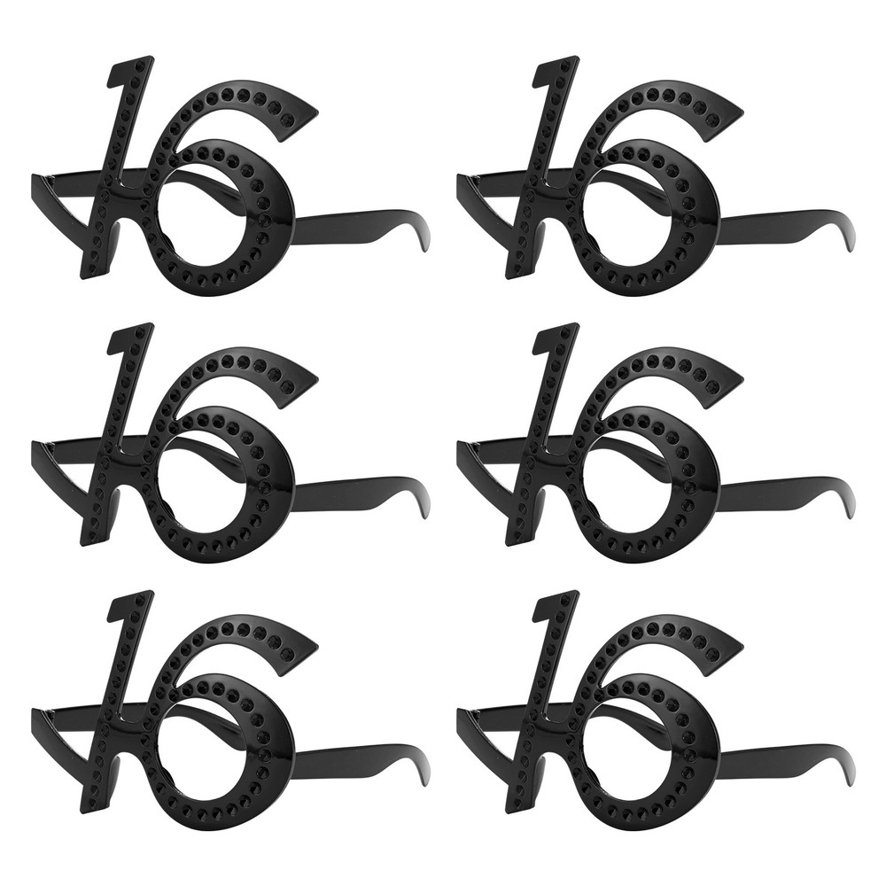 6-Pack Birthday Glasses with Rhinestones, 16th Photo Booth Props [Black]