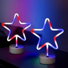 2 Pack Patriotic LED Neon Star Lights – Battery/USB Powered Red White Blue Decor