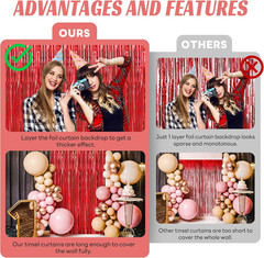 10 Pack Red Foil Fringe Curtain, Metallic Photo Booth Backdrop Tinsel Door Curta