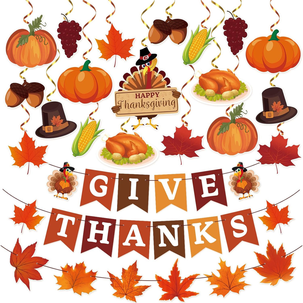 42Pcs Thanksgiving Decorations, Thanksgiving Party Decors w/ GIVE THANKS Banner