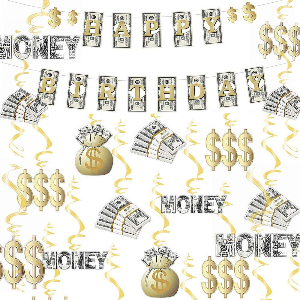 Money Theme Decoration KIT Bill Dollar Signs Birthday Banner & Hanging Swirls Mo