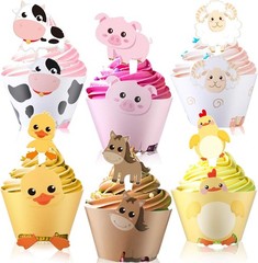 60pcs Farm Animal Cupcake Toppers Wrappers Barnyard Baby Shower Party Décor