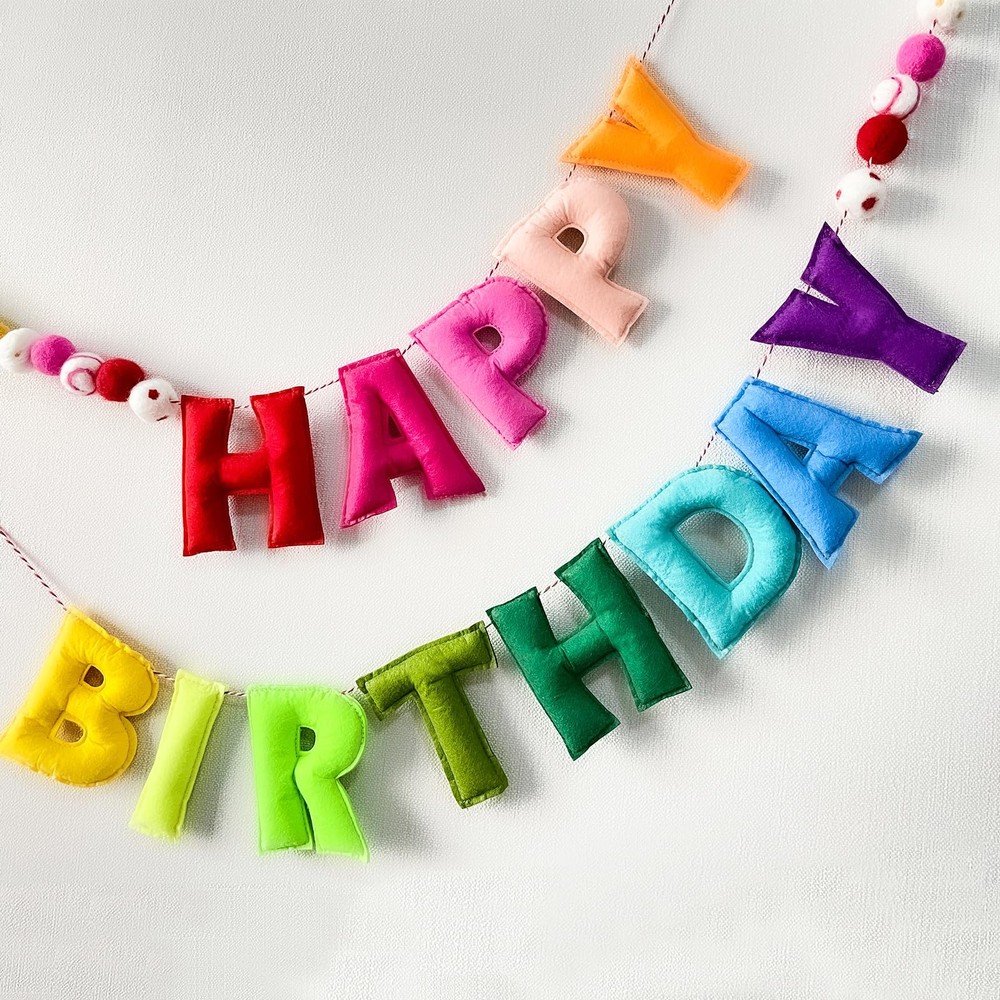 Pre-Strung 4 Inches 6.56Ft, Rainbow Happy Birthday Banner with Wool Balls