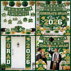 Green and Gold Graduation Decorations 2026 Set, All-In-1 Kit with Congrats Grad