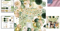 Sage Green Birthday Decorations Party Supplies Balloons Banner Pom Poms