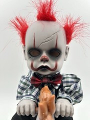 Halloween Spooky Creepy 14”Baby Clown Doll On Rocking Horse Rocks Sings Light Up