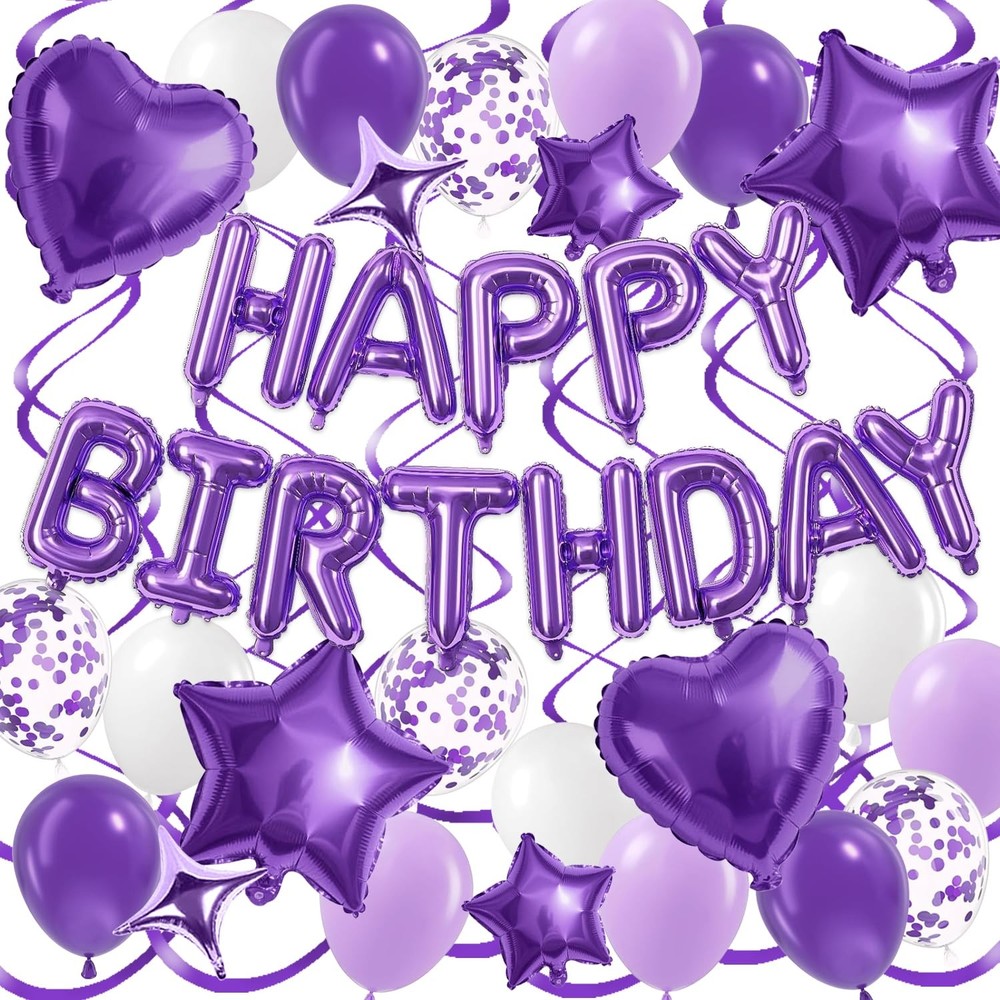 Purple Happy Birthday Foil Star Heart Balloons Banner Decorations For Women Set