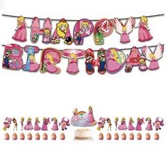 Super Mario Princess Peach Birthday Party Supplies Balloon Banner Cake Toppers