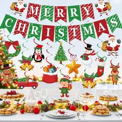 Merry Christmas Banner with Pre-Strung Red Green Hanging Swirls Party Decor