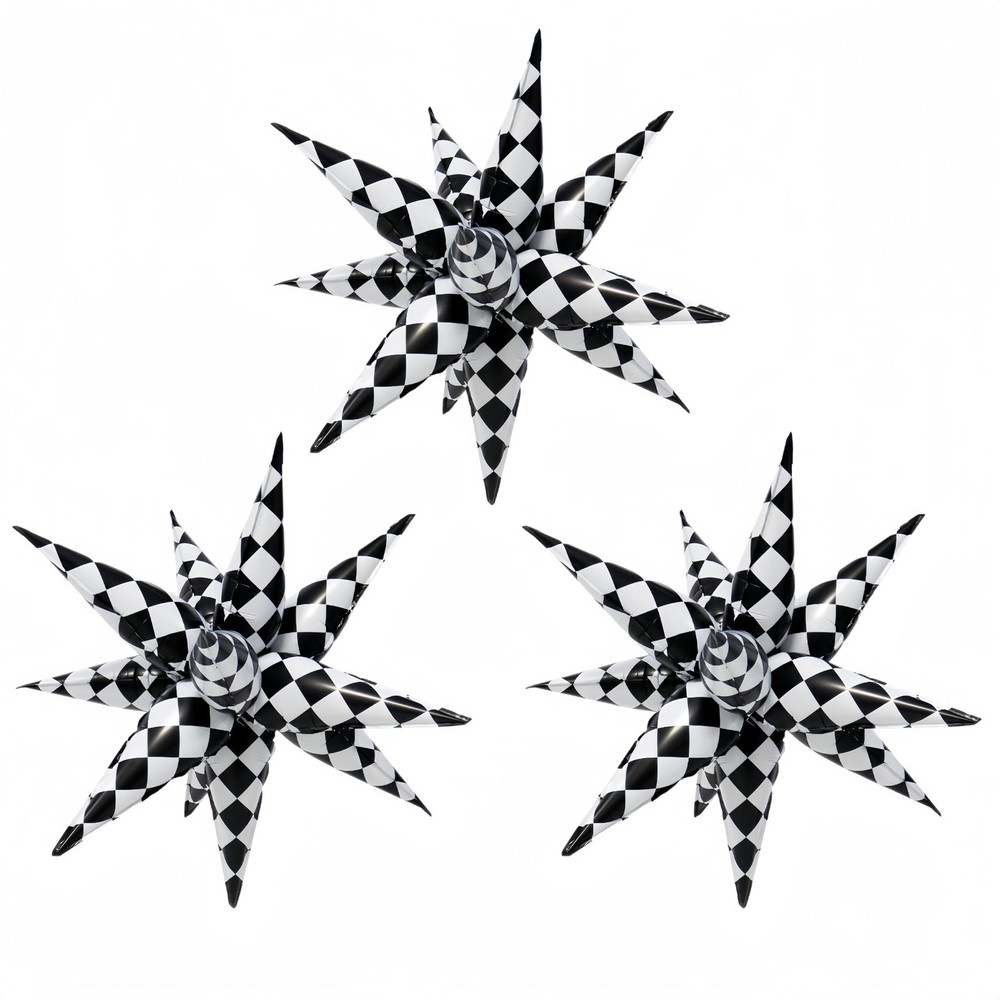 3 * 12 Pcs Black White Checkered Explosion Pointed Star Foil Balloons/Tallade…