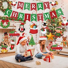 Merry Christmas Banner with Pre-Strung Red Green Hanging Swirls Party Decor