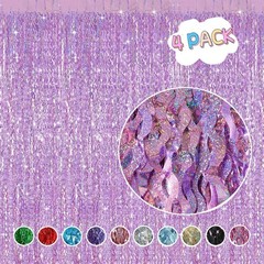 4 Pack Pink Tinsel Curtain Party Backdrop – 3.3 ft x 6.6 ft Sparkle Wavy Foil…