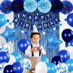 Blue Birthday Party Decorations Balloons Banner Curtain Pom Poms Banner Gifts