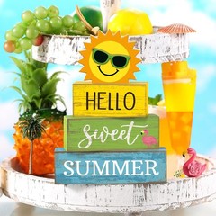 Hello Summer Tiered Tray Decor – 4 Rustic Wooden Centerpieces for Festivities