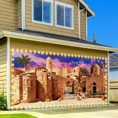 XL Bethlehem Garage Door 7x16ft Backdrop Christmas Banner w/LED Trim Lights