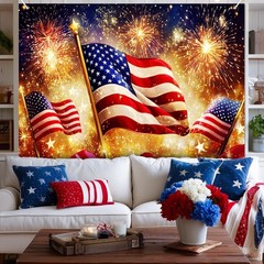 4th of July Backdrop American Flag Fireworks Patriotic Party Decorations 8x6ft