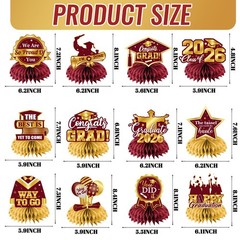 12 PCS Maroon Gold Class of 2026 Graduation Table Honeycomb Centerpieces