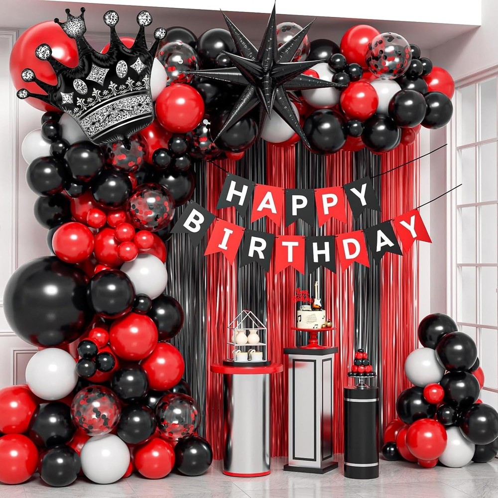 Red and Black Birthday Party Decorations, Red Black White Foil Balloons Happy