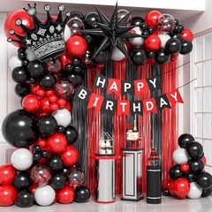Red and Black Birthday Party Decorations, Red Black White Foil Balloons Happy