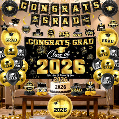Graduation Decorations 2026-Black and Gold Graduation Party Decorations
