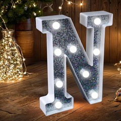 LED Light Up Marquee Letter N Sign – Silver/White Glitter Plastic